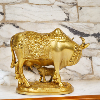 Solid Brass Cow with Calf Idol - 8 Inches