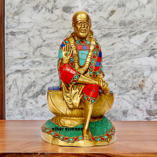 Lord Sai Baba Sitting Idol with Stone Work - 8 Inches