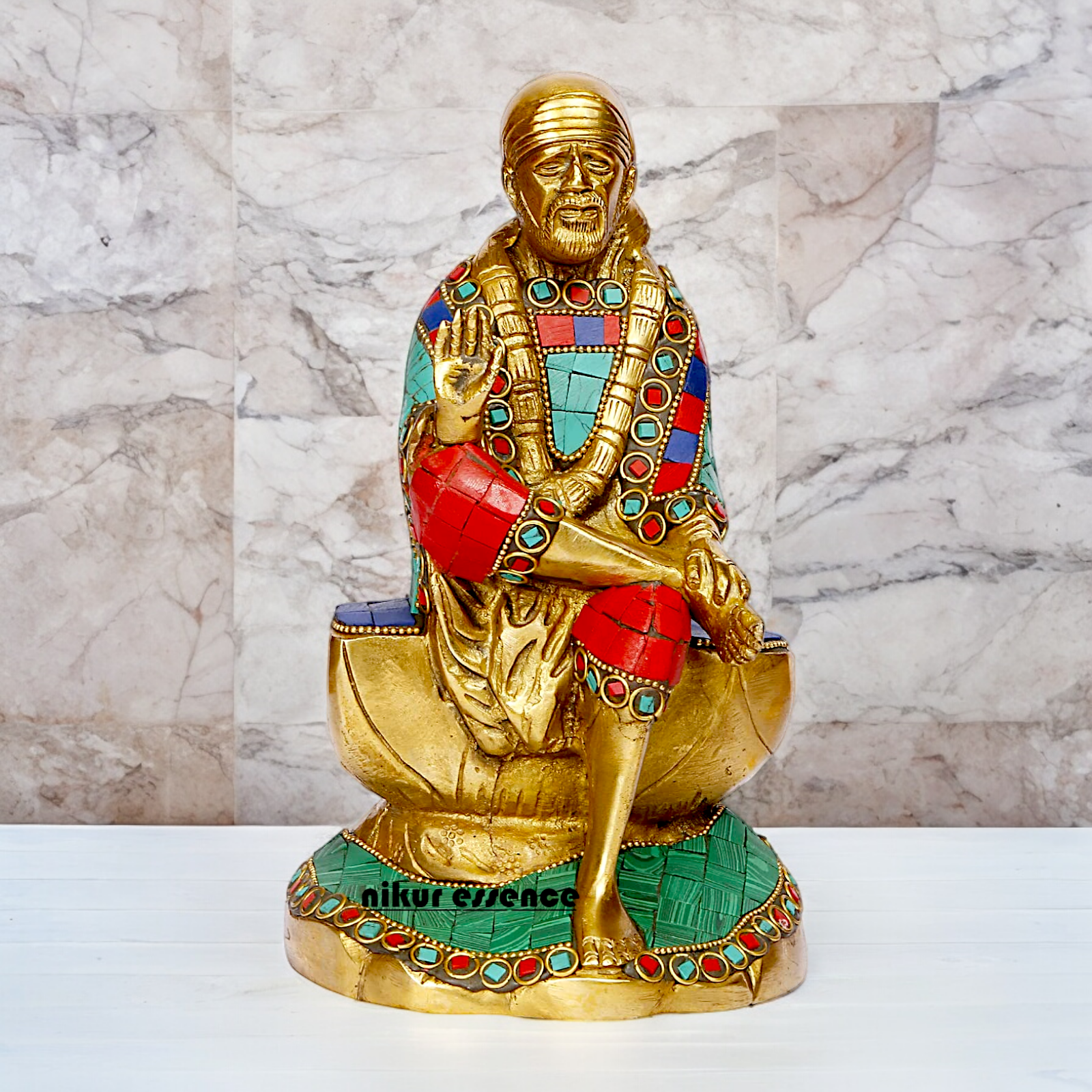 Lord Sai Baba Sitting Idol with Stone Work - 8 Inches