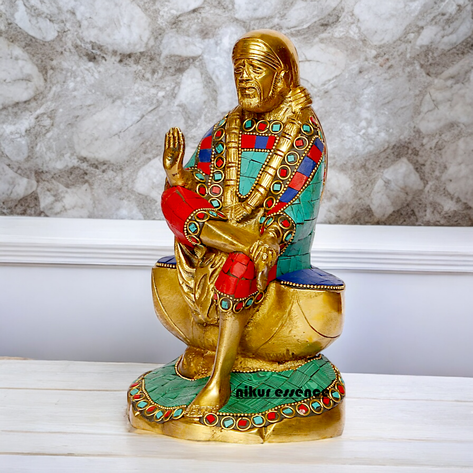 Lord Sai Baba Sitting Idol with Stone Work - 8 Inches