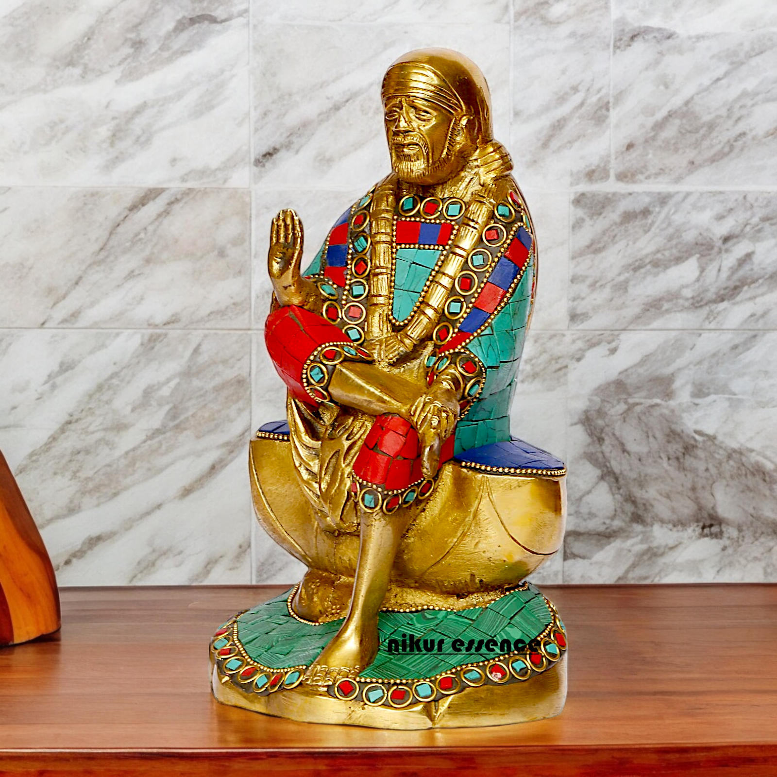 Lord Sai Baba Sitting Idol with Stone Work - 8 Inches