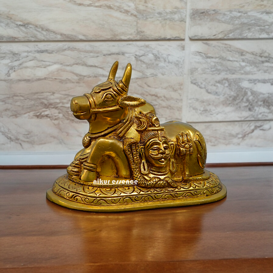 Solid Brass Nandi with Shiva Parvati figurine idol - 7.2 inches