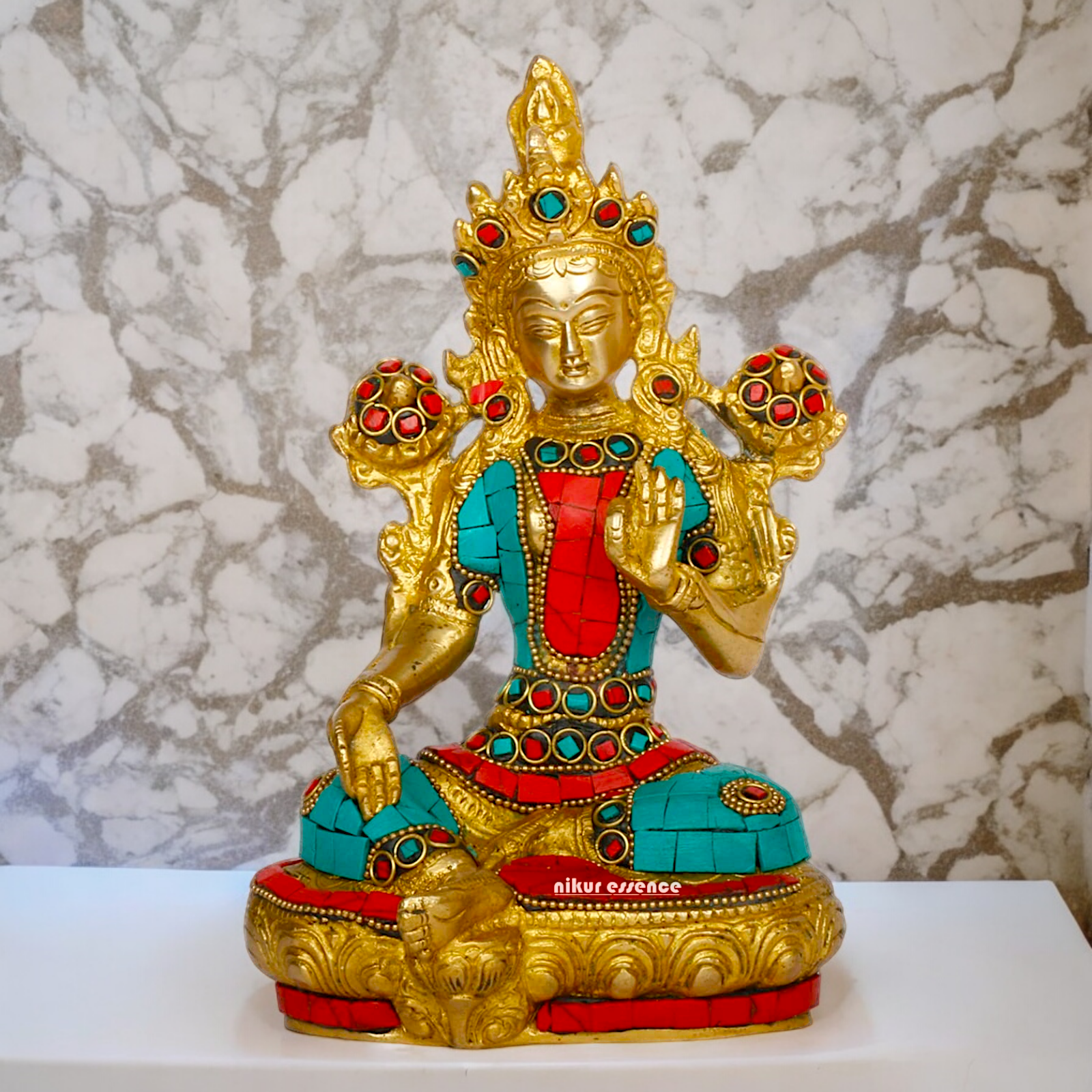 Goddess Tibetan Tara Brass idol with Stone Work - 8 inches