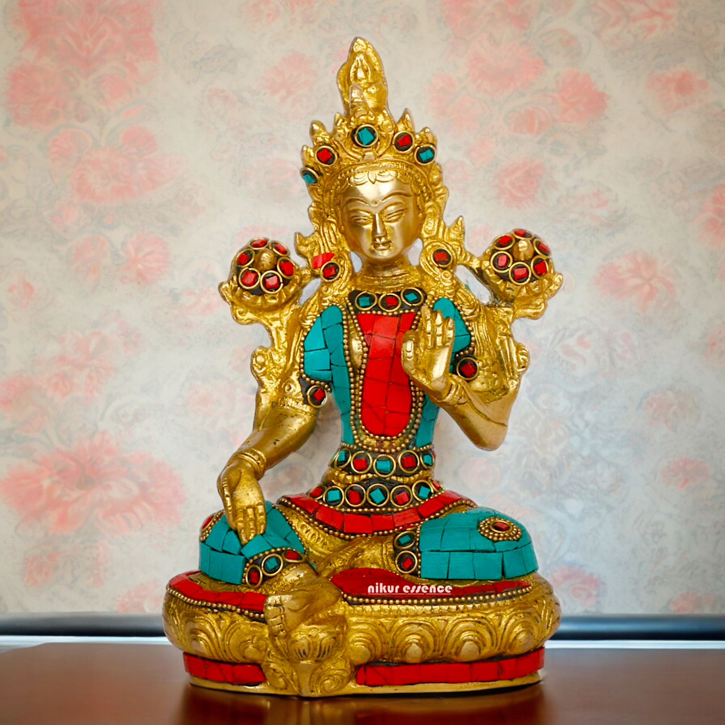 Goddess Tibetan Tara Brass idol with Stone Work - 8 inches