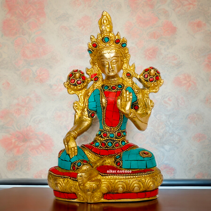 Goddess Tibetan Tara Brass idol with Stone Work - 8 inches