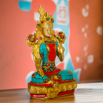 Goddess Tibetan Tara Brass idol with Stone Work - 8 inches