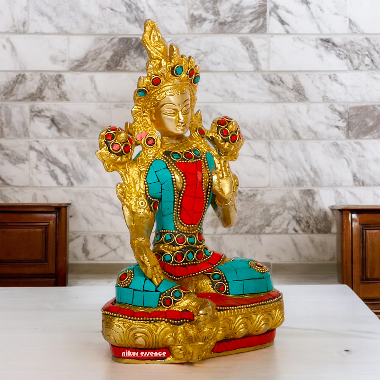 Goddess Tibetan Tara Brass idol with Stone Work - 8 inches