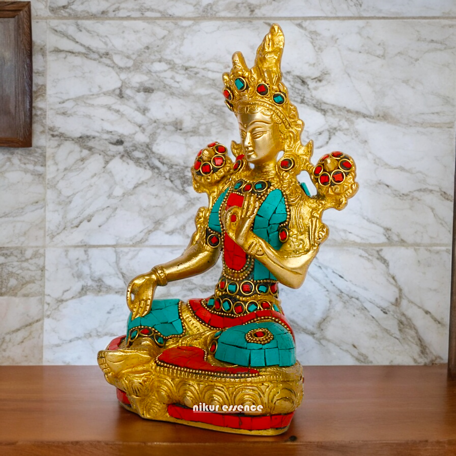 Goddess Tibetan Tara Brass idol with Stone Work - 8 inches