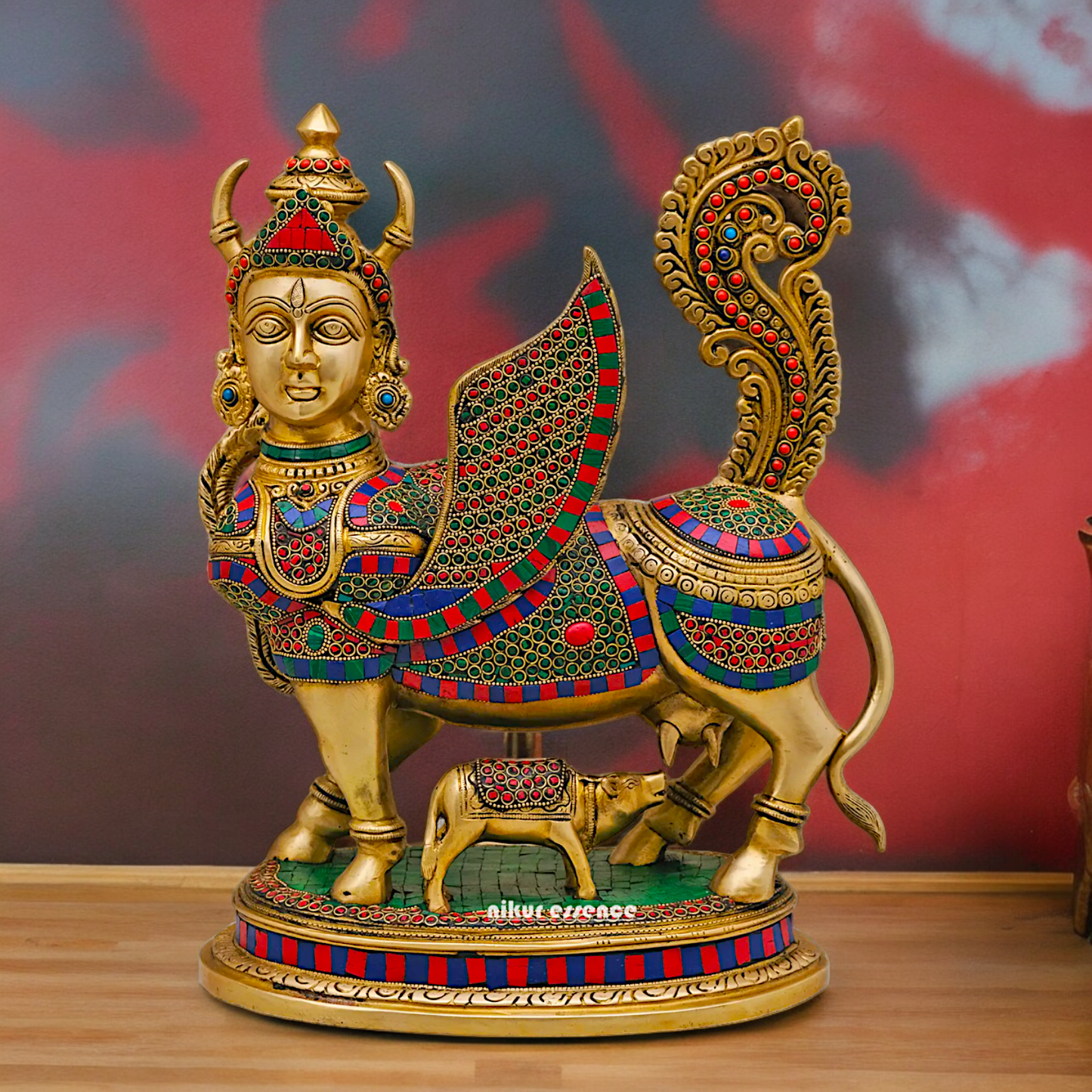 Goddess kamadhenu Cow with Calf Brass Idol Stone Work - 16.5 Inches