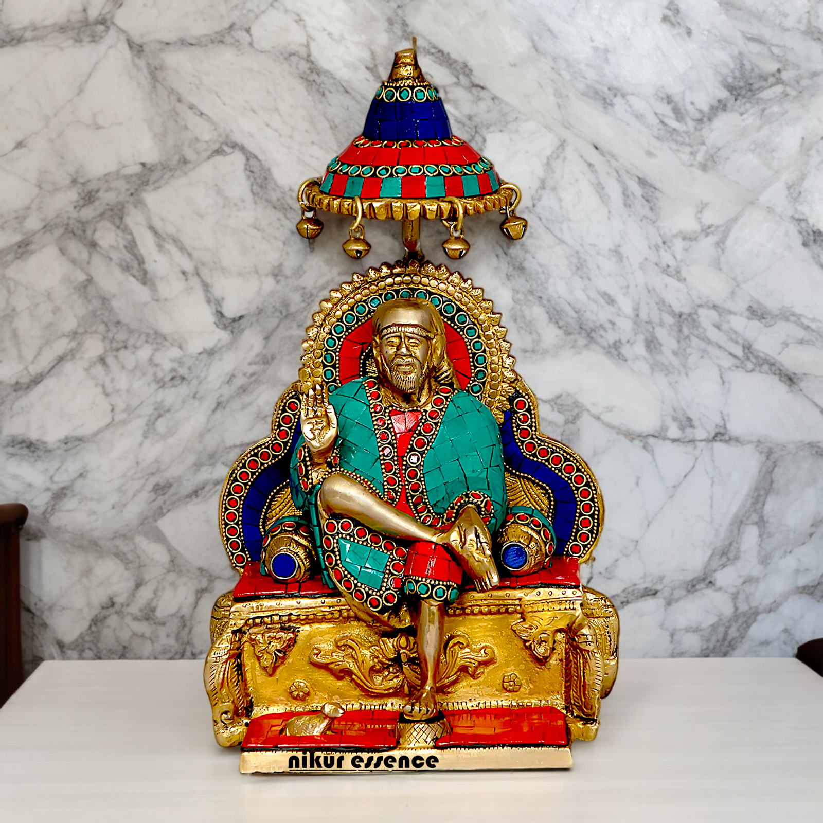 Online Sai Baba Sitting on Singhasan Brass with Stone work idol - 12 Inches