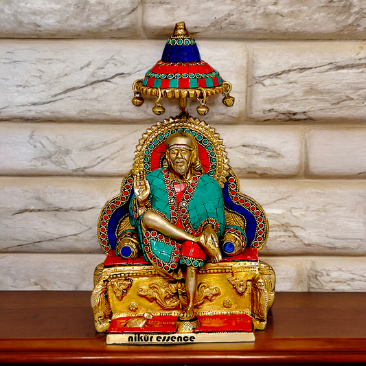 Online Sai Baba Sitting on Singhasan Brass with Stone work idol - 12 Inches