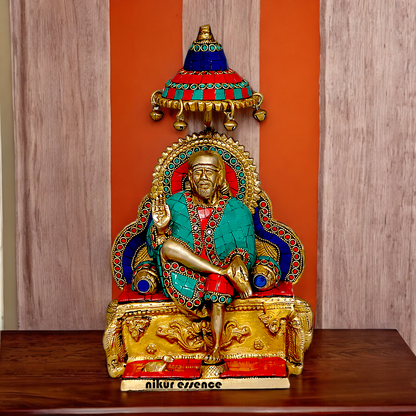 Online Sai Baba Sitting on Singhasan Brass with Stone work idol - 12 Inches