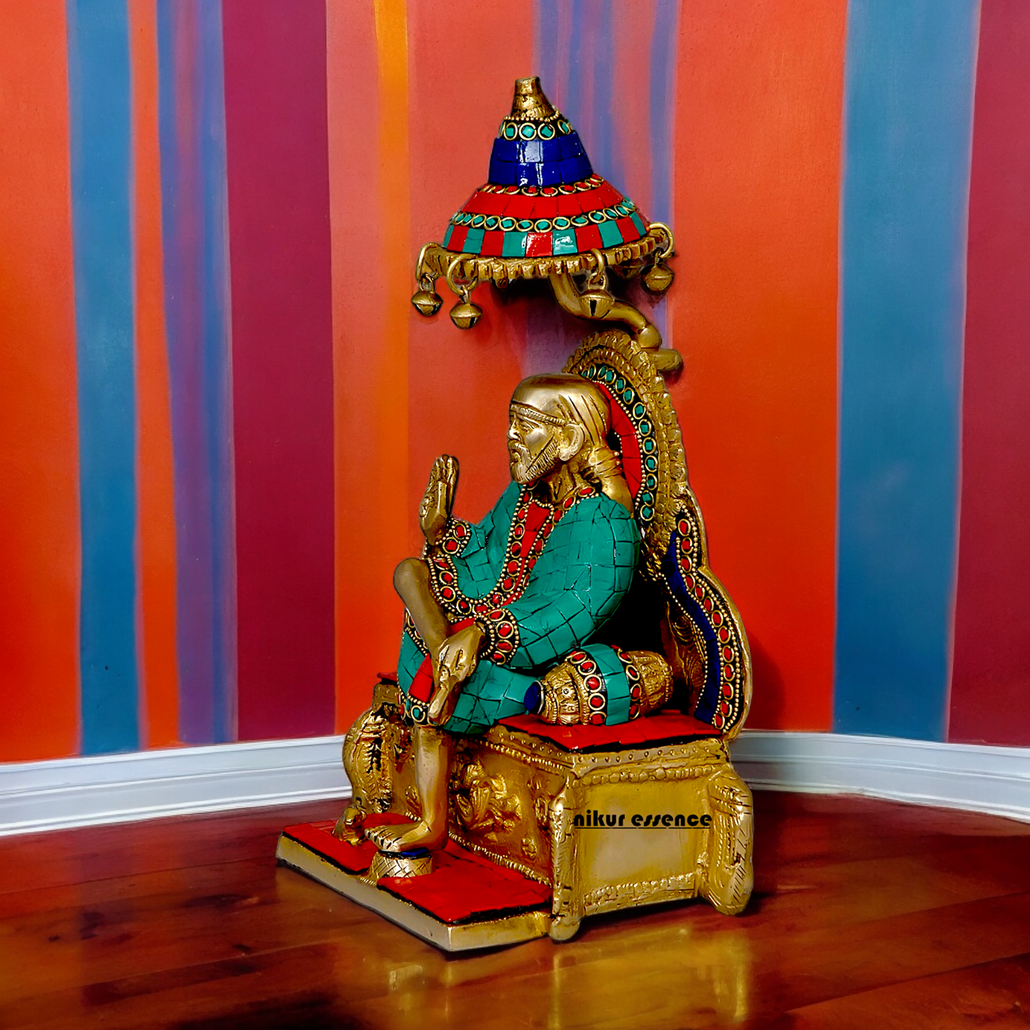 Online Sai Baba Sitting on Singhasan Brass with Stone work idol - 12 Inches