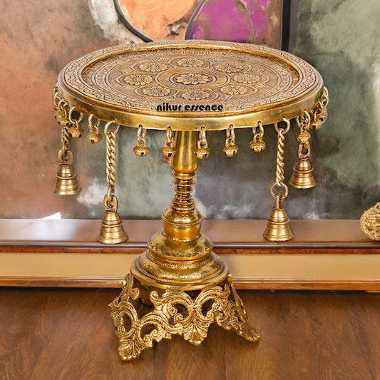 Solid Brass Pooja Chowki Stool with decorative Bells - 11.22 inches