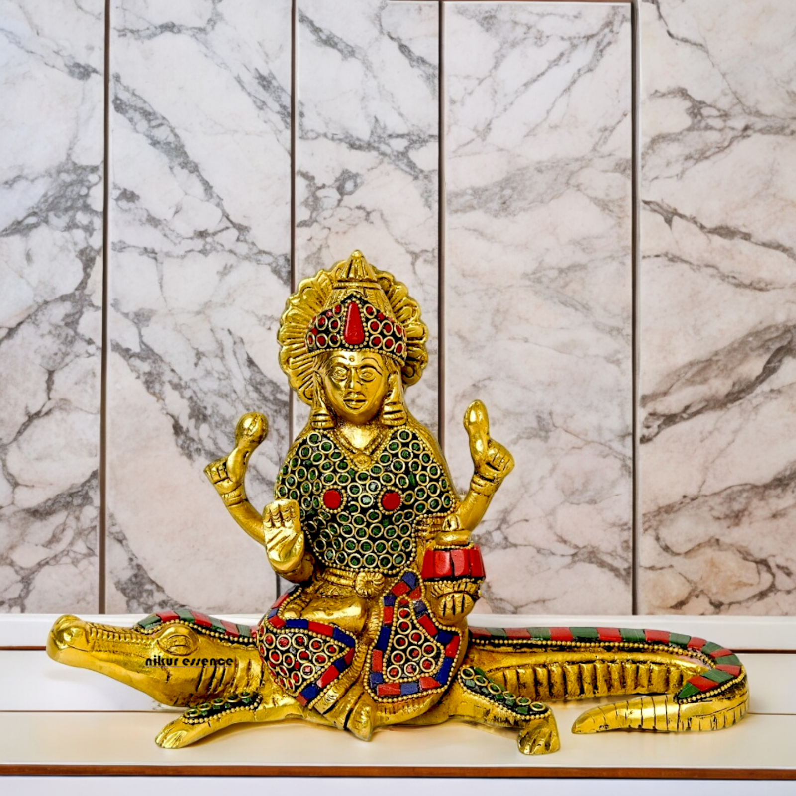 Shop Ganga Maa Sitting on Crocodile Brass Idol with Stone Work - 5.5 inches