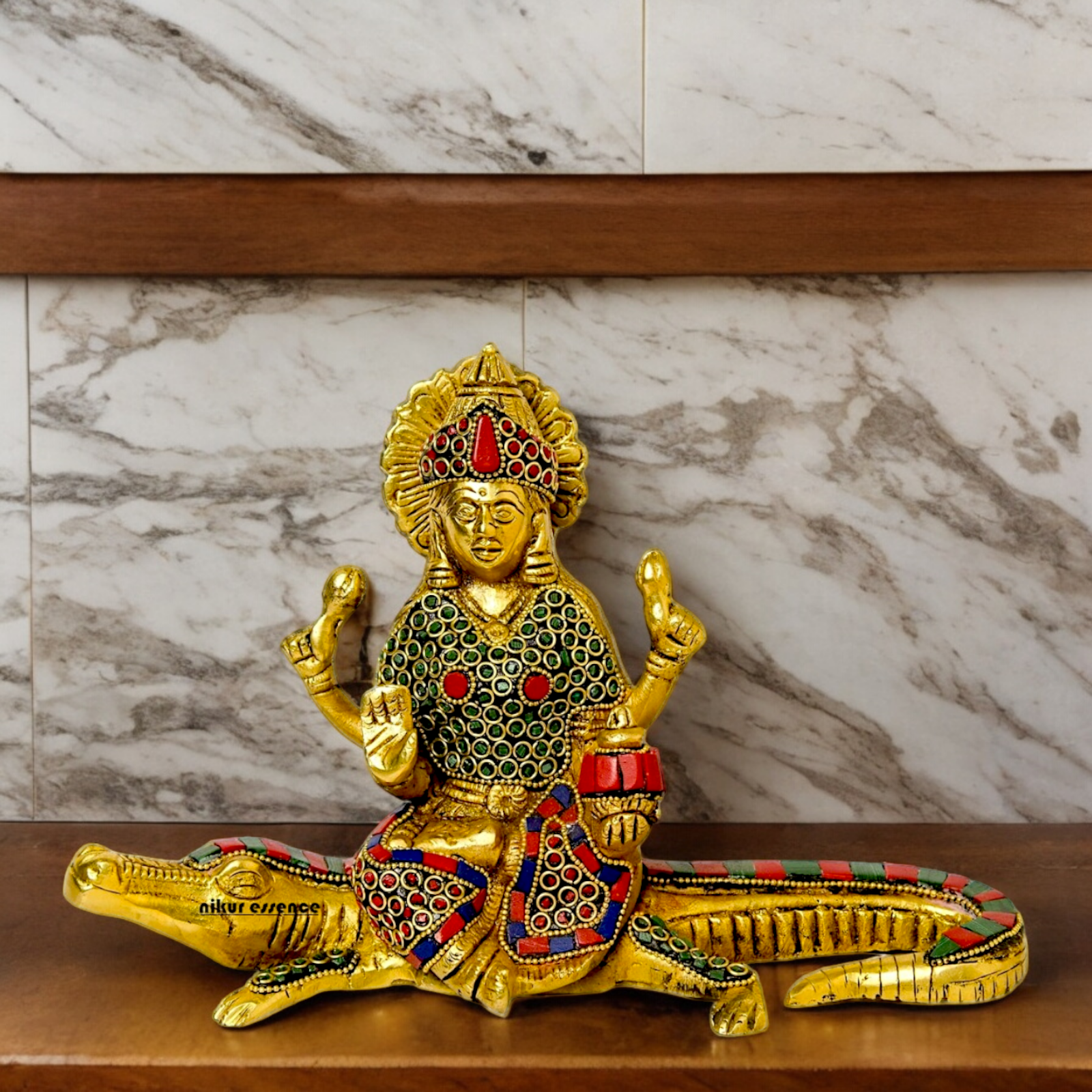 Shop Ganga Maa Sitting on Crocodile Brass Idol with Stone Work - 5.5 inches