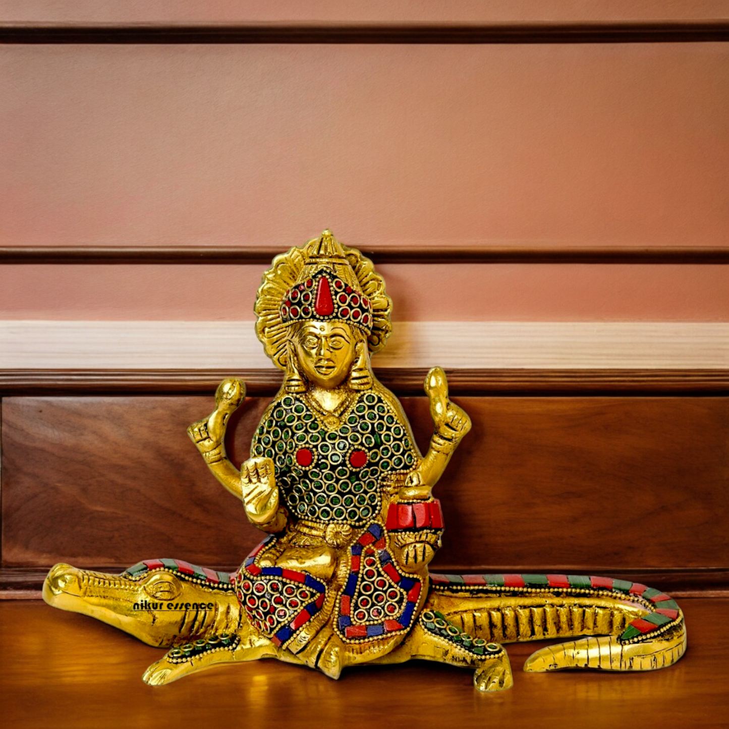 Shop Ganga Maa Sitting on Crocodile Brass Idol with Stone Work - 5.5 inches