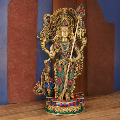 Large Kartikeya Murugan Standing Idol with Stone Work - 20 inches