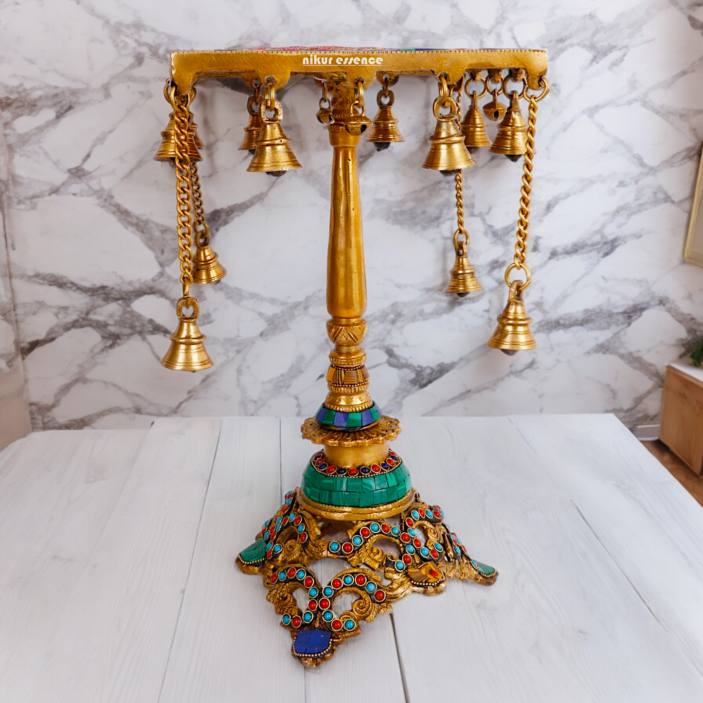 Large Brass Chowki Table with Stone Work - 14 inches