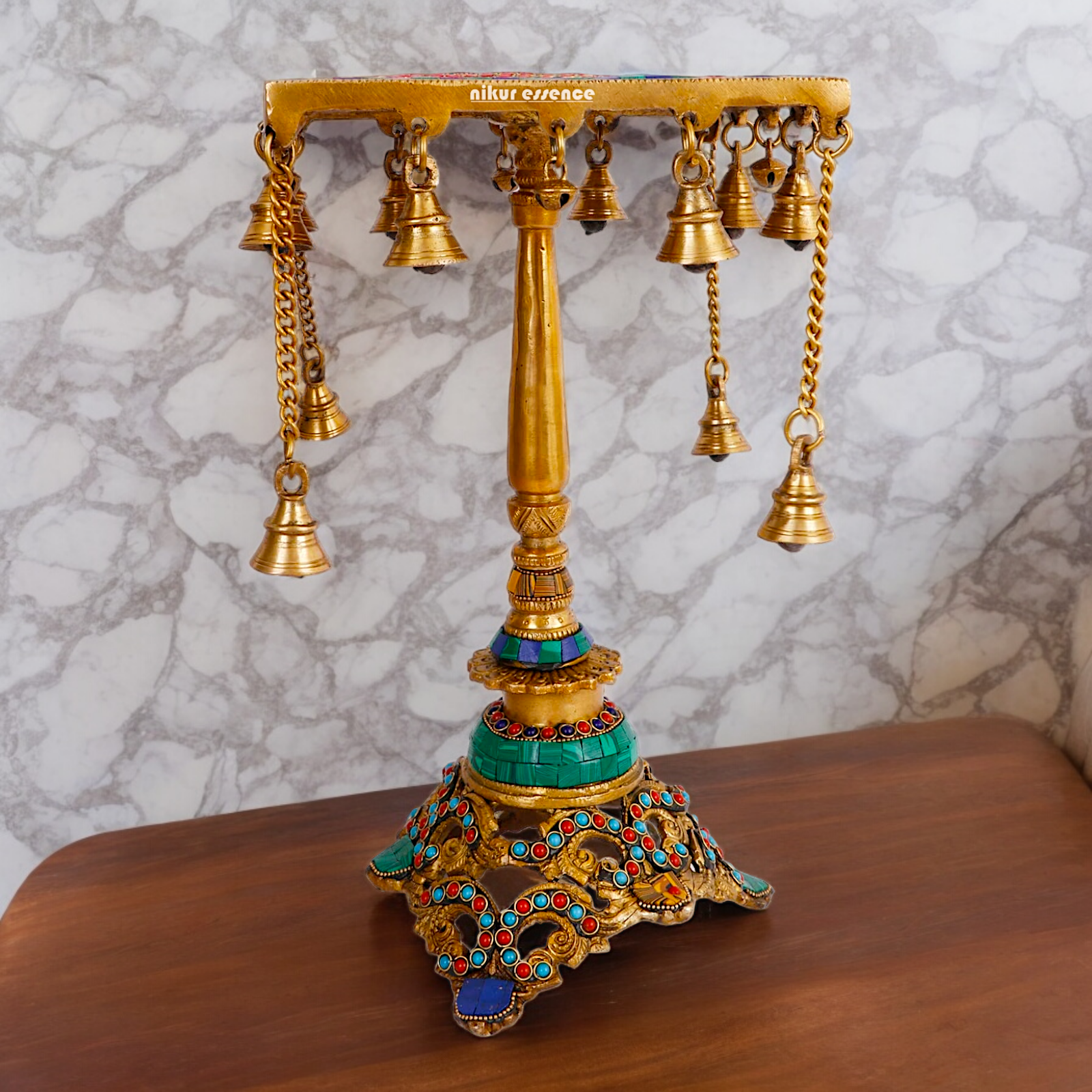 Large Brass Chowki Table with Stone Work - 14 inches