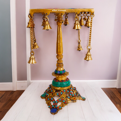 Large Brass Chowki Table with Stone Work - 14 inches