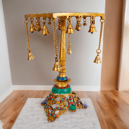 Large Brass Chowki Table with Stone Work - 14 inches