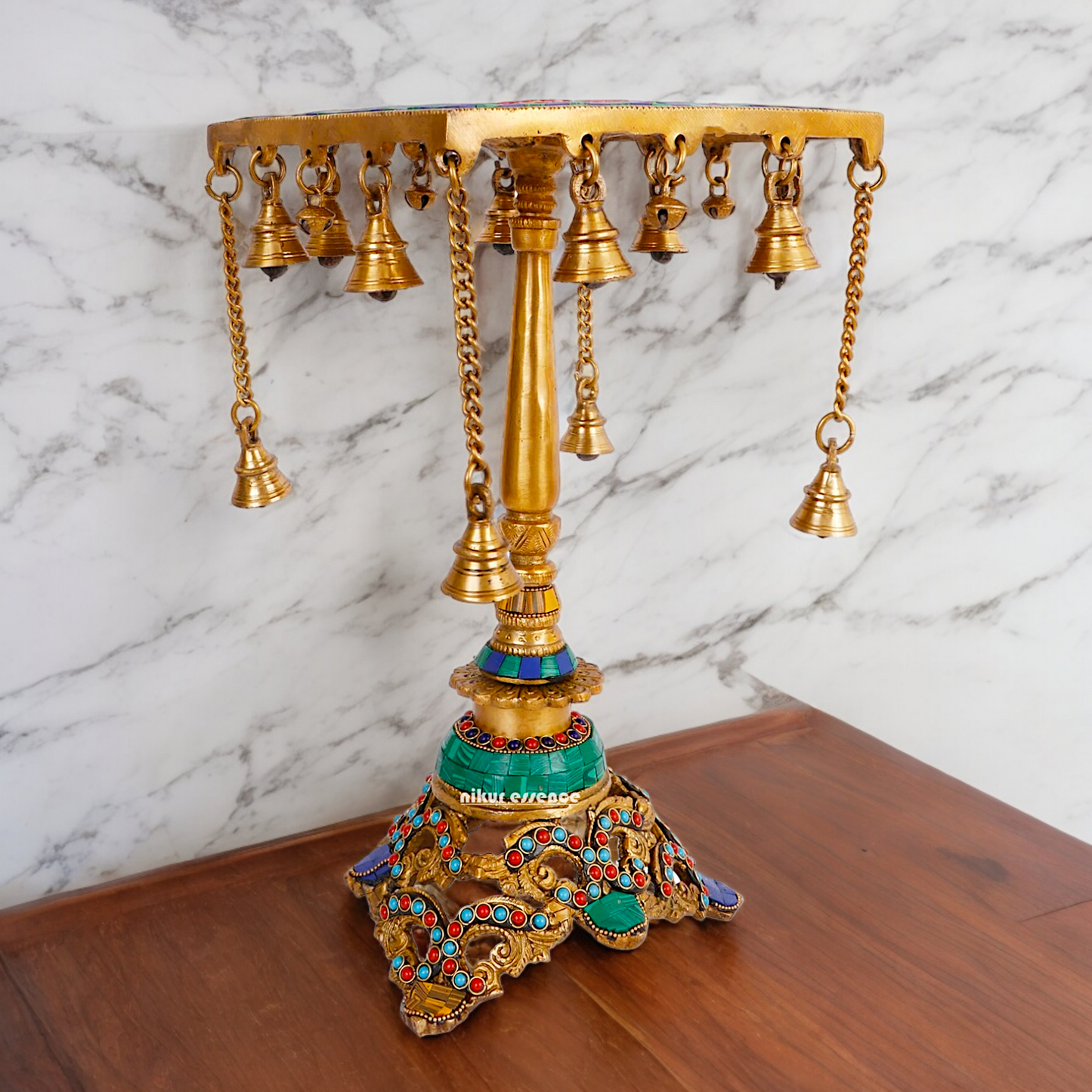 Large Brass Chowki Table with Stone Work - 14 inches