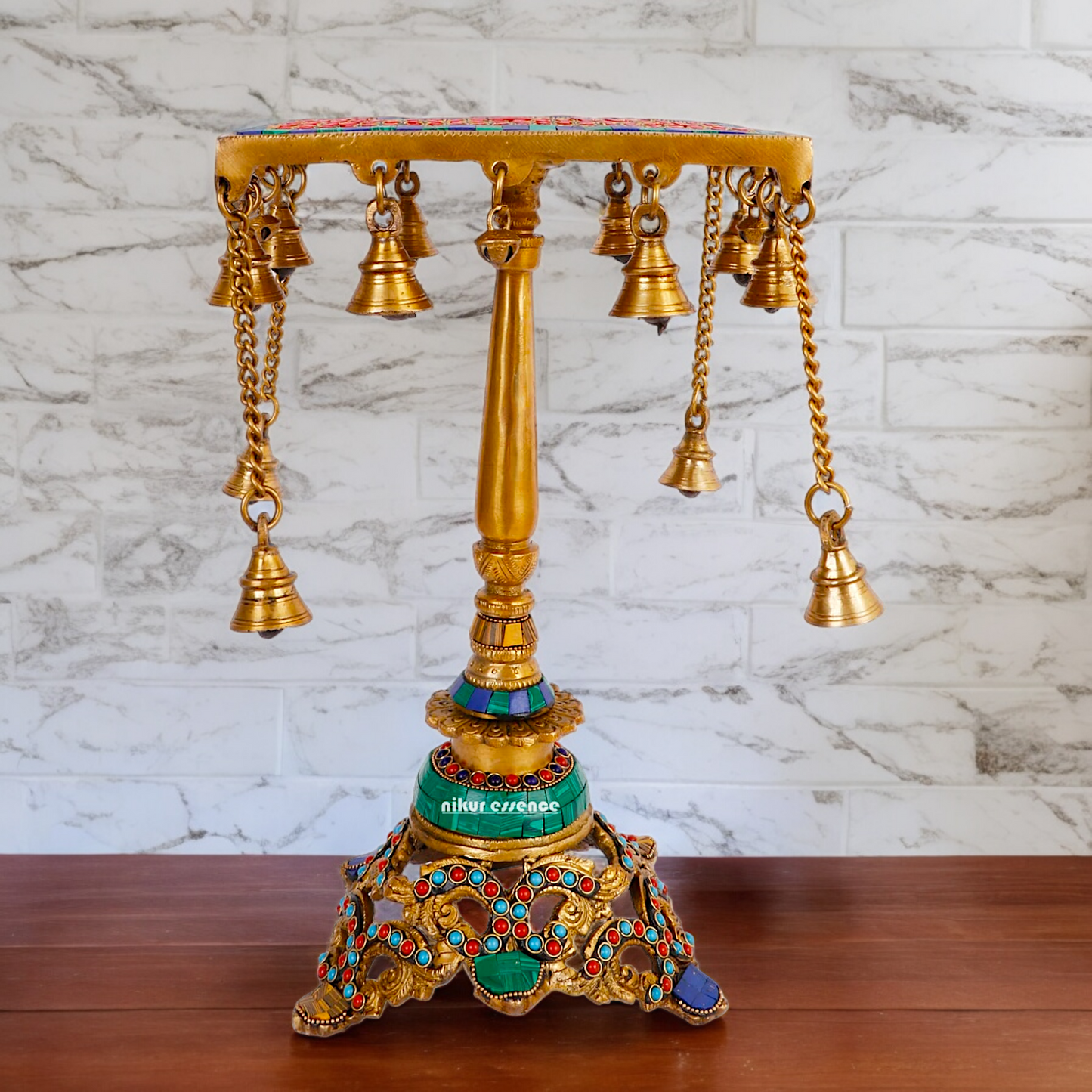 Large Brass Chowki Table with Stone Work - 14 inches