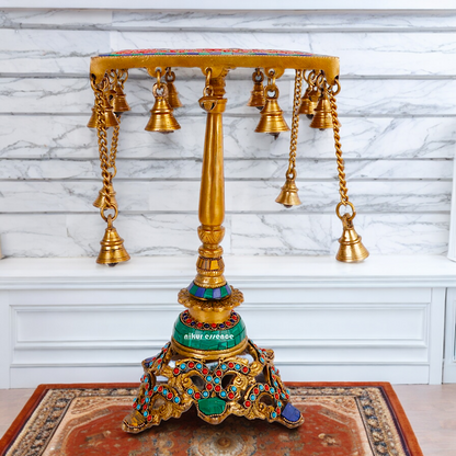 Large Brass Chowki Table with Stone Work - 14 inches