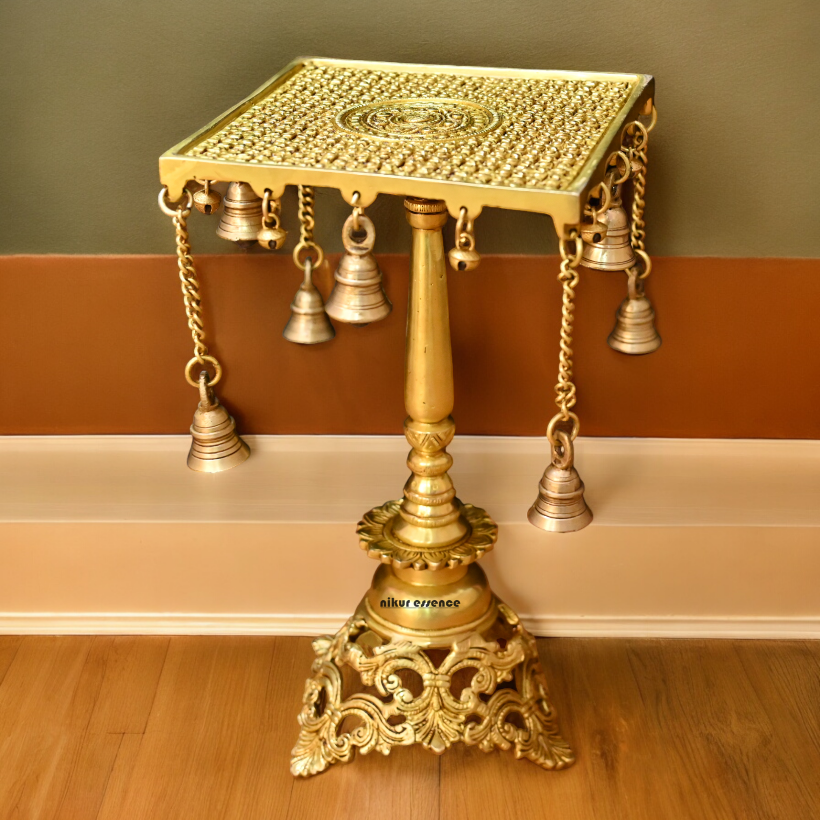 Solid Brass Table Chowki with Bells - 15 inches