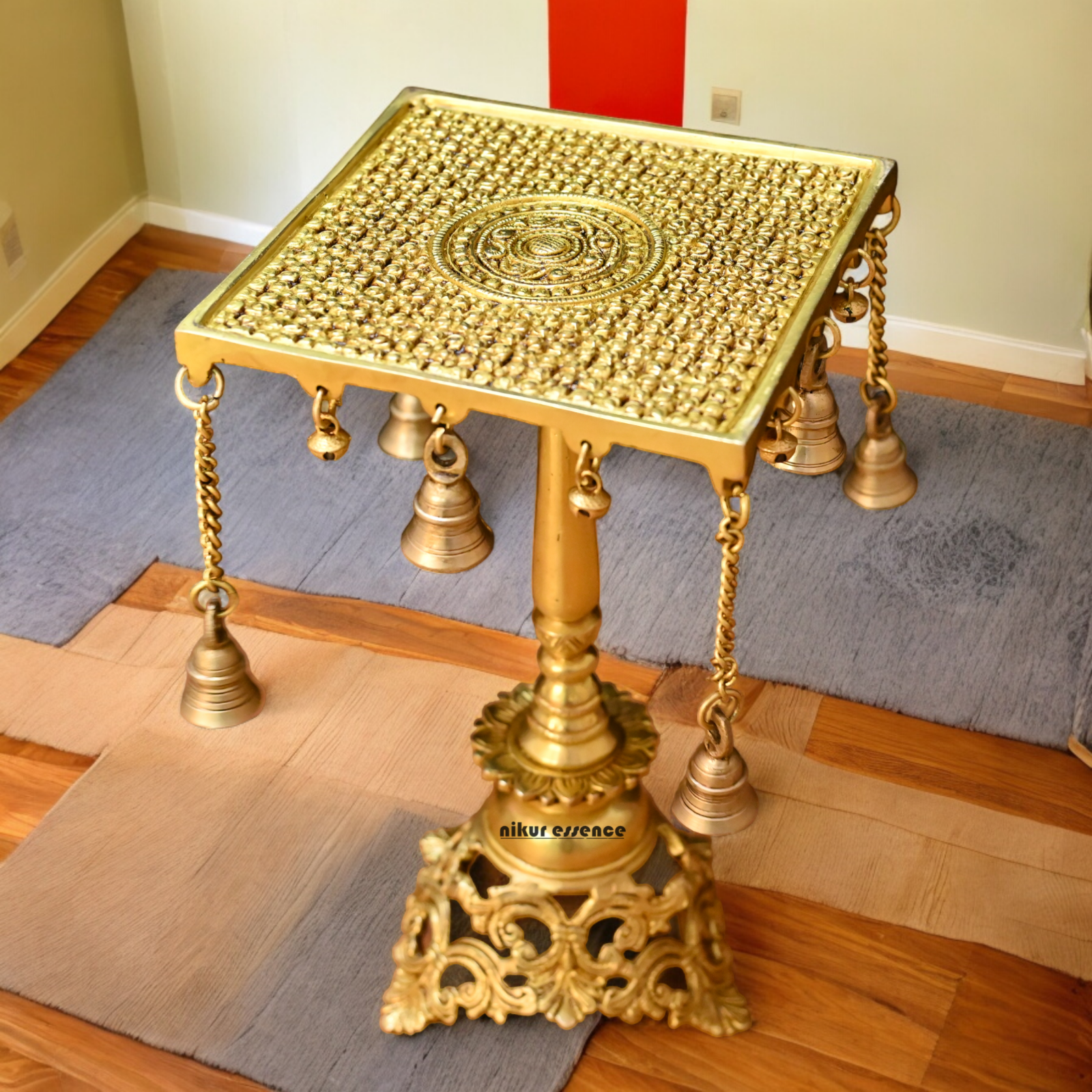 Solid Brass Table Chowki with Bells - 15 inches