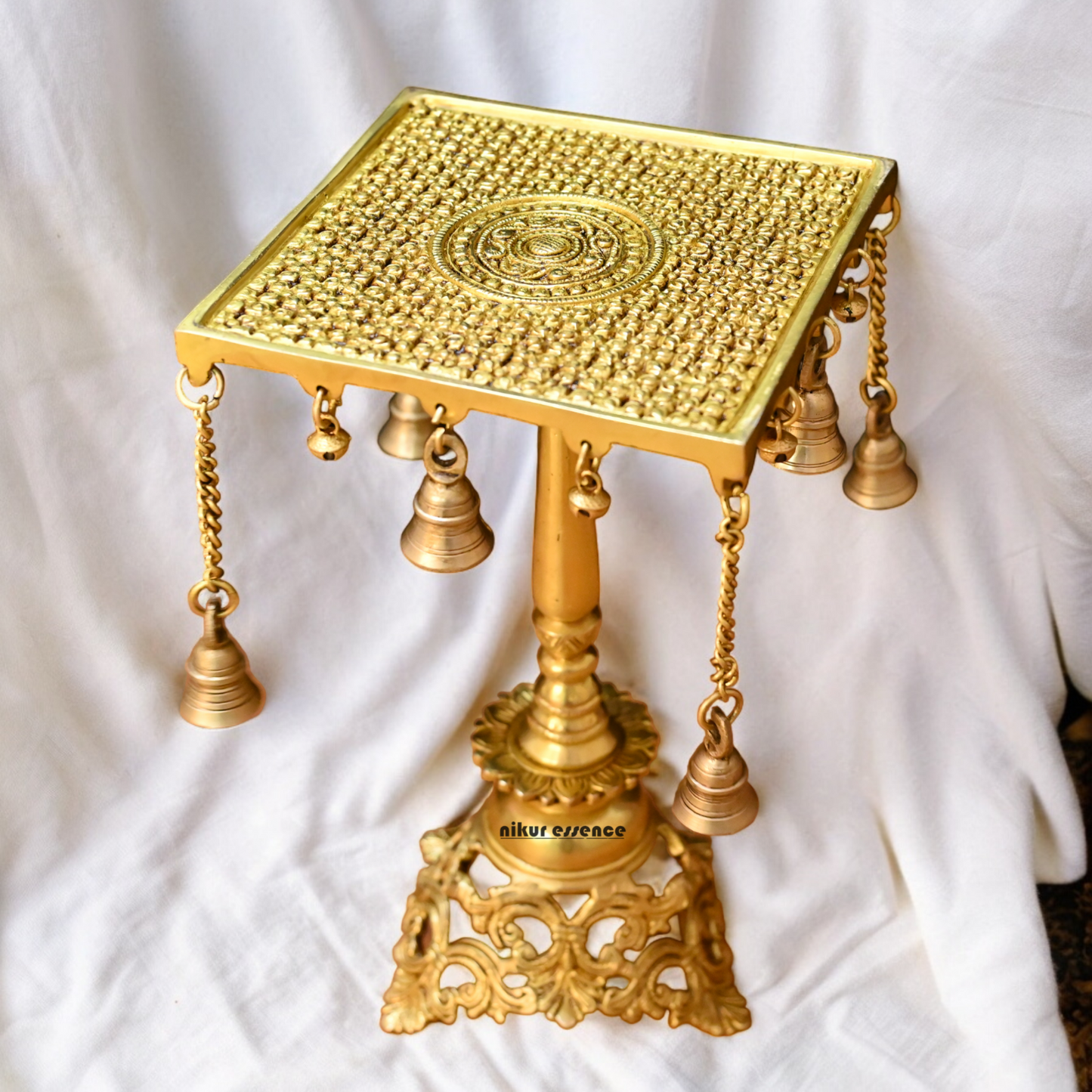 Solid Brass Table Chowki with Bells - 15 inches