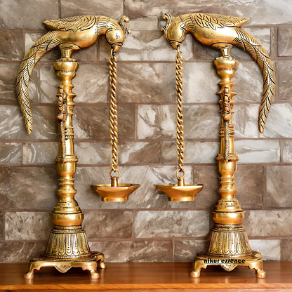 Solid Brass Pair Peacock Hanging Diya with Stand - 17 inch