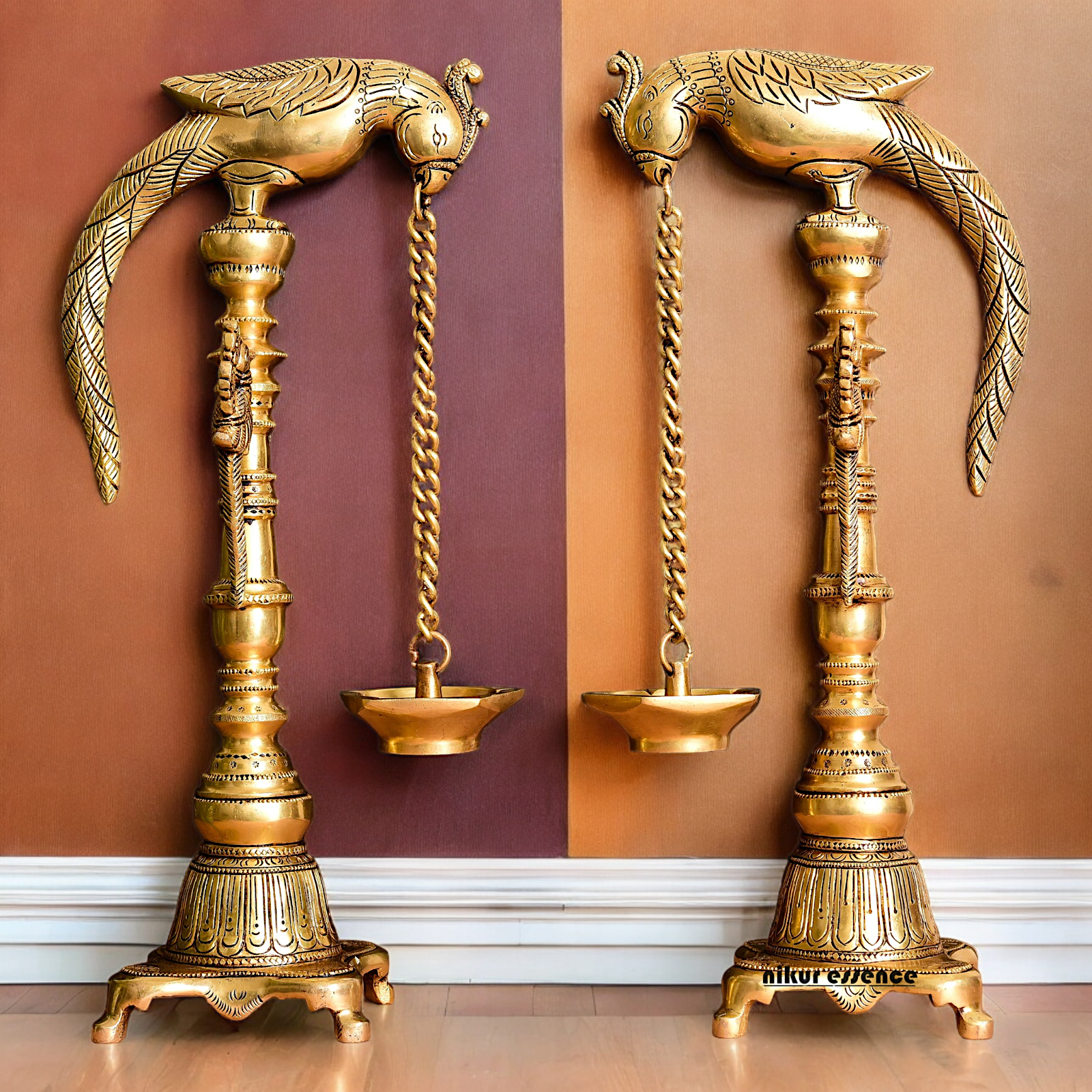 Solid Brass Pair Peacock Hanging Diya with Stand - 17 inch