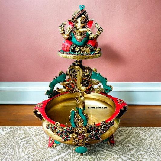 Large Ganesh Urli with diyas stone work brass - 22 Inch