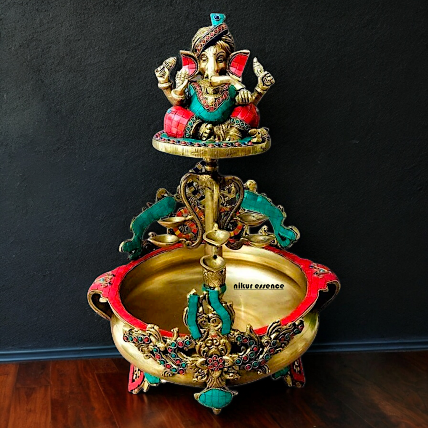 Large Ganesh Urli with diyas stone work brass - 22 Inch