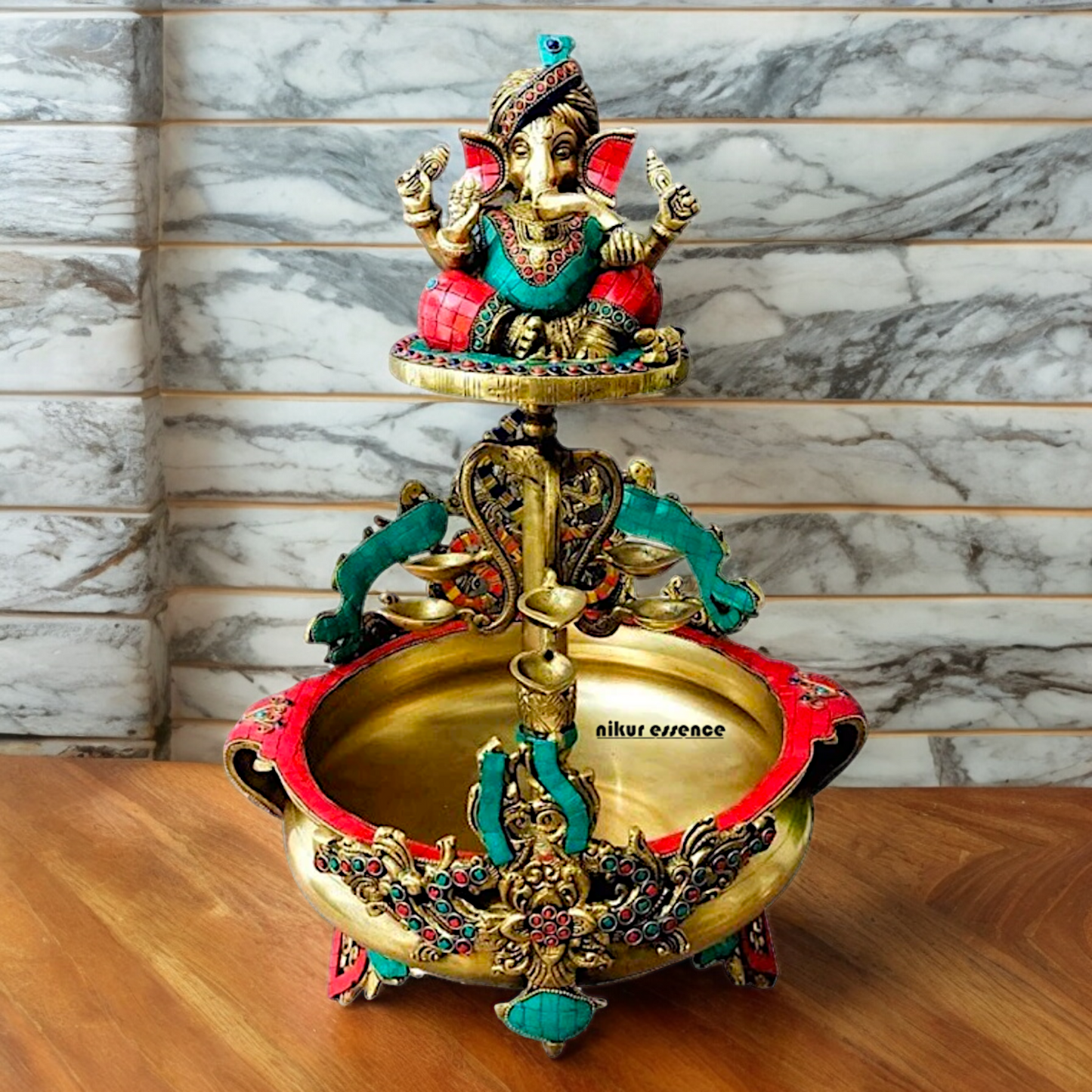 Large Ganesh Urli with diyas stone work brass - 22 Inch