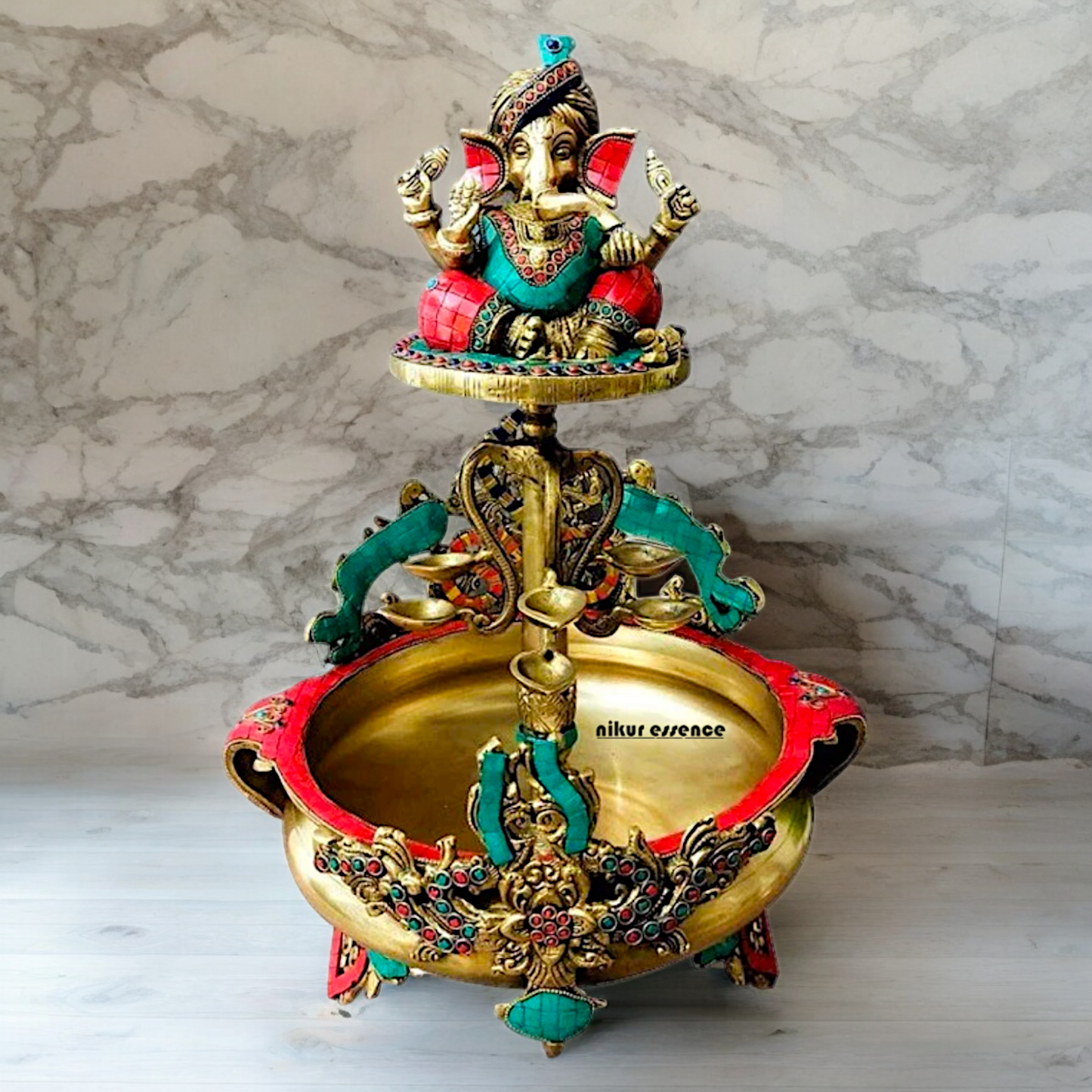 Large Ganesh Urli with diyas stone work brass - 22 Inch