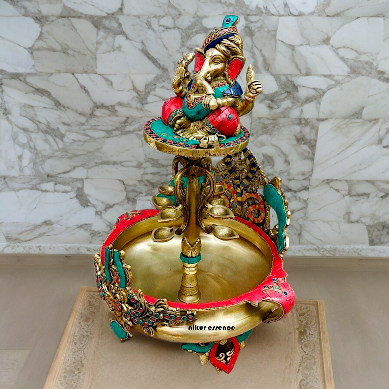 Large Ganesh Urli with diyas stone work brass - 22 Inch