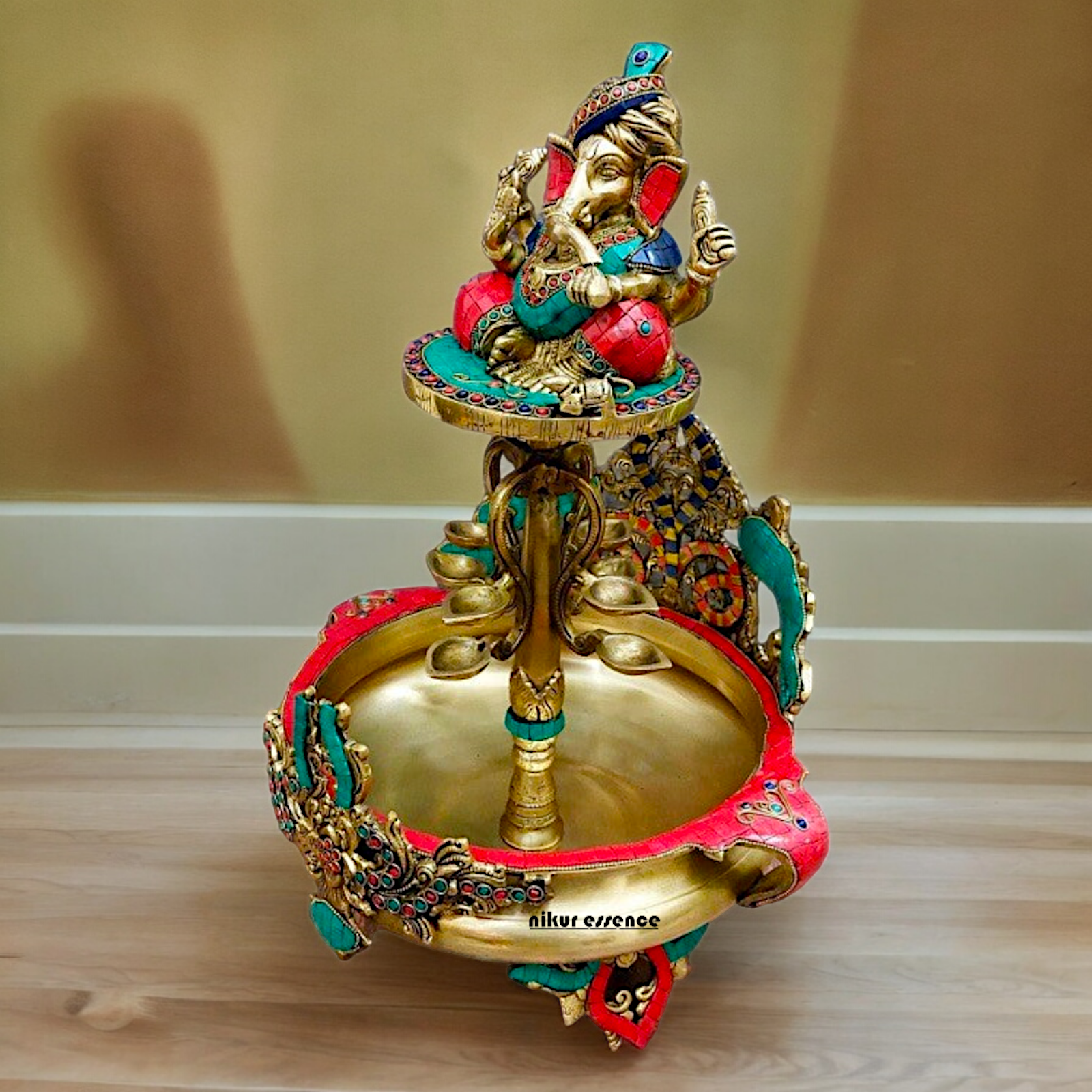 Large Ganesh Urli with diyas stone work brass - 22 Inch