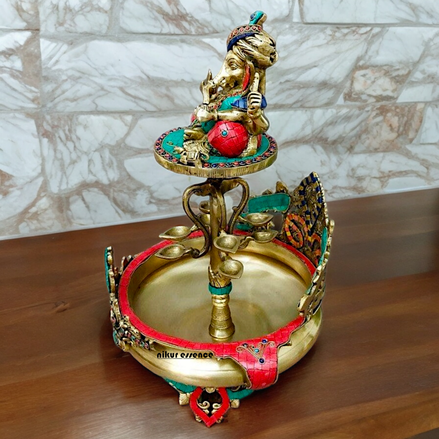 Large Ganesh Urli with diyas stone work brass - 22 Inch