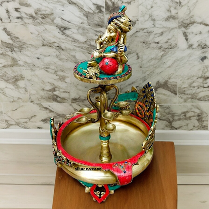 Large Ganesh Urli with diyas stone work brass - 22 Inch