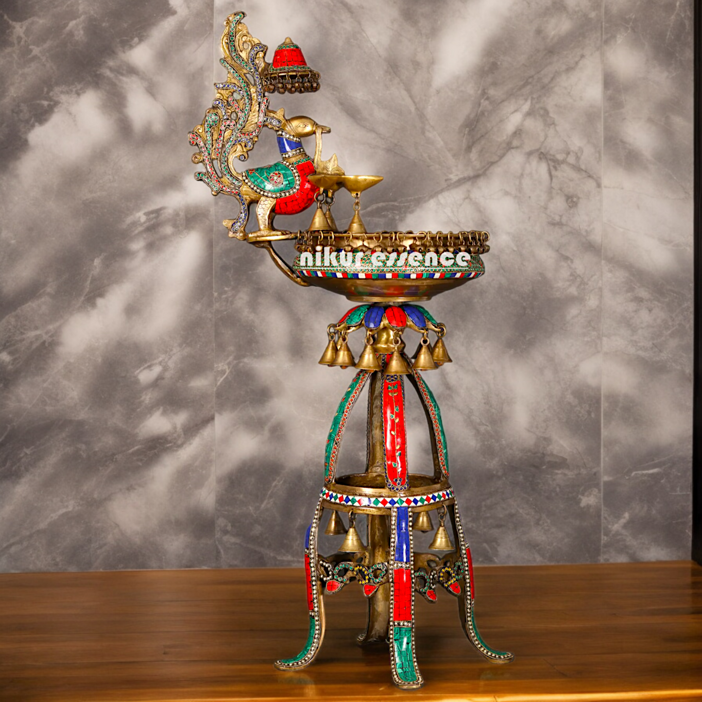 Large Peacock Urli with Diya Stone Work - 41 Inch