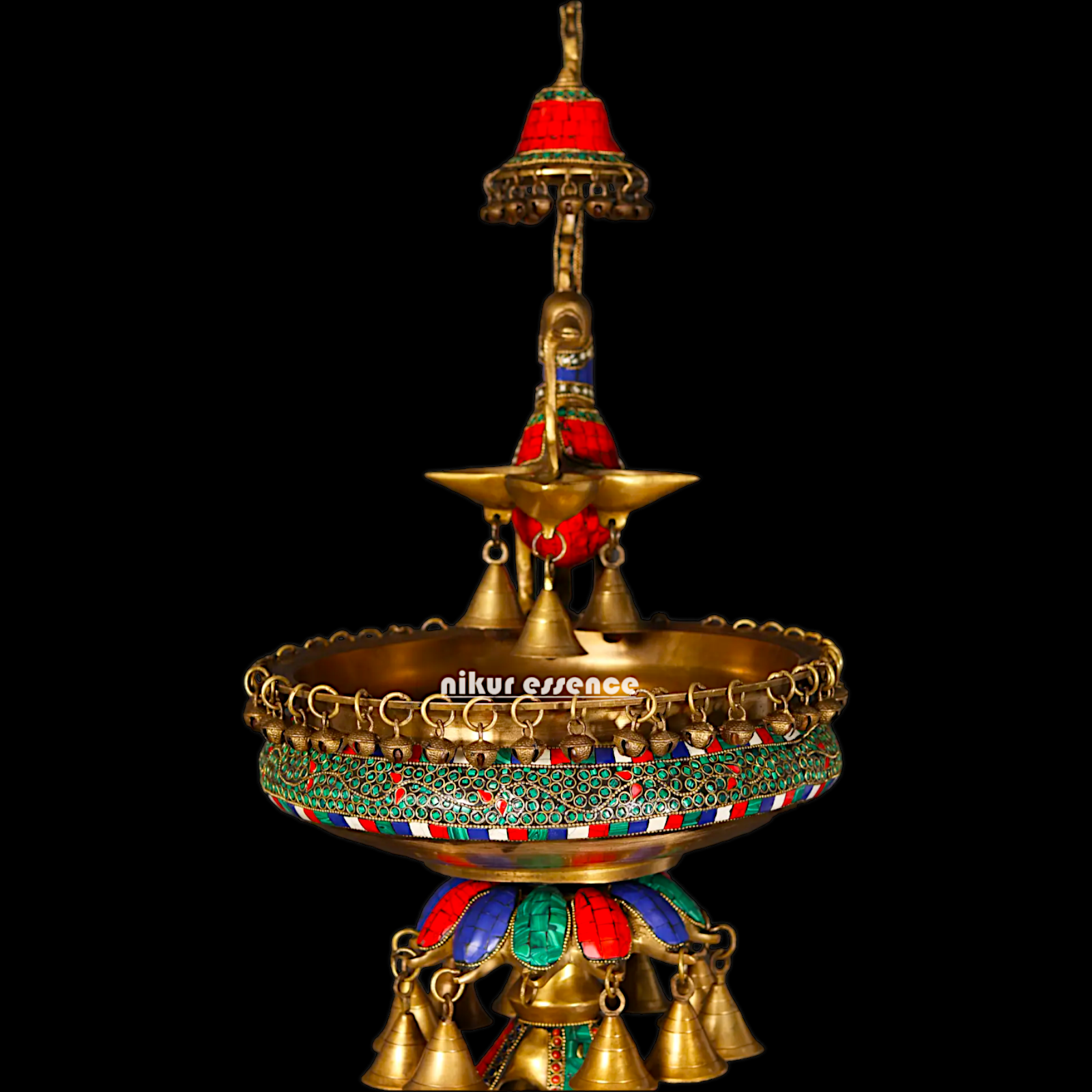 Large Peacock Urli with Diya Stone Work - 41 Inch