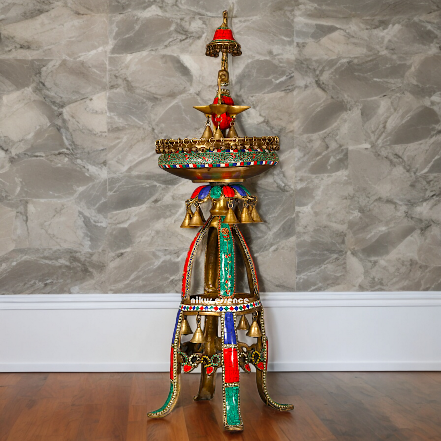 Large Peacock Urli with Diya Stone Work - 41 Inch