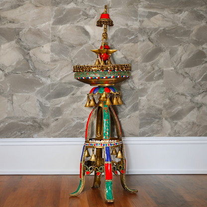 Large Peacock Urli with Diya Stone Work - 41 Inch