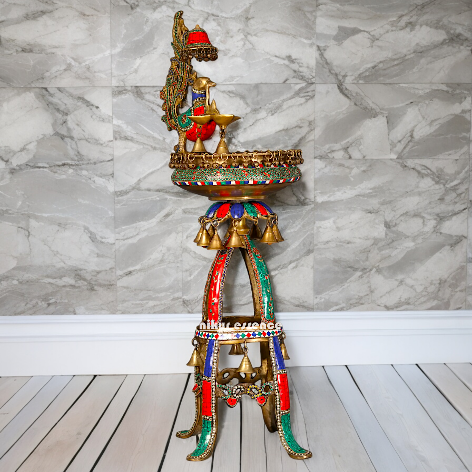 Large Peacock Urli with Diya Stone Work - 41 Inch