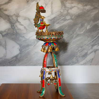 Large Peacock Urli with Diya Stone Work - 41 Inch