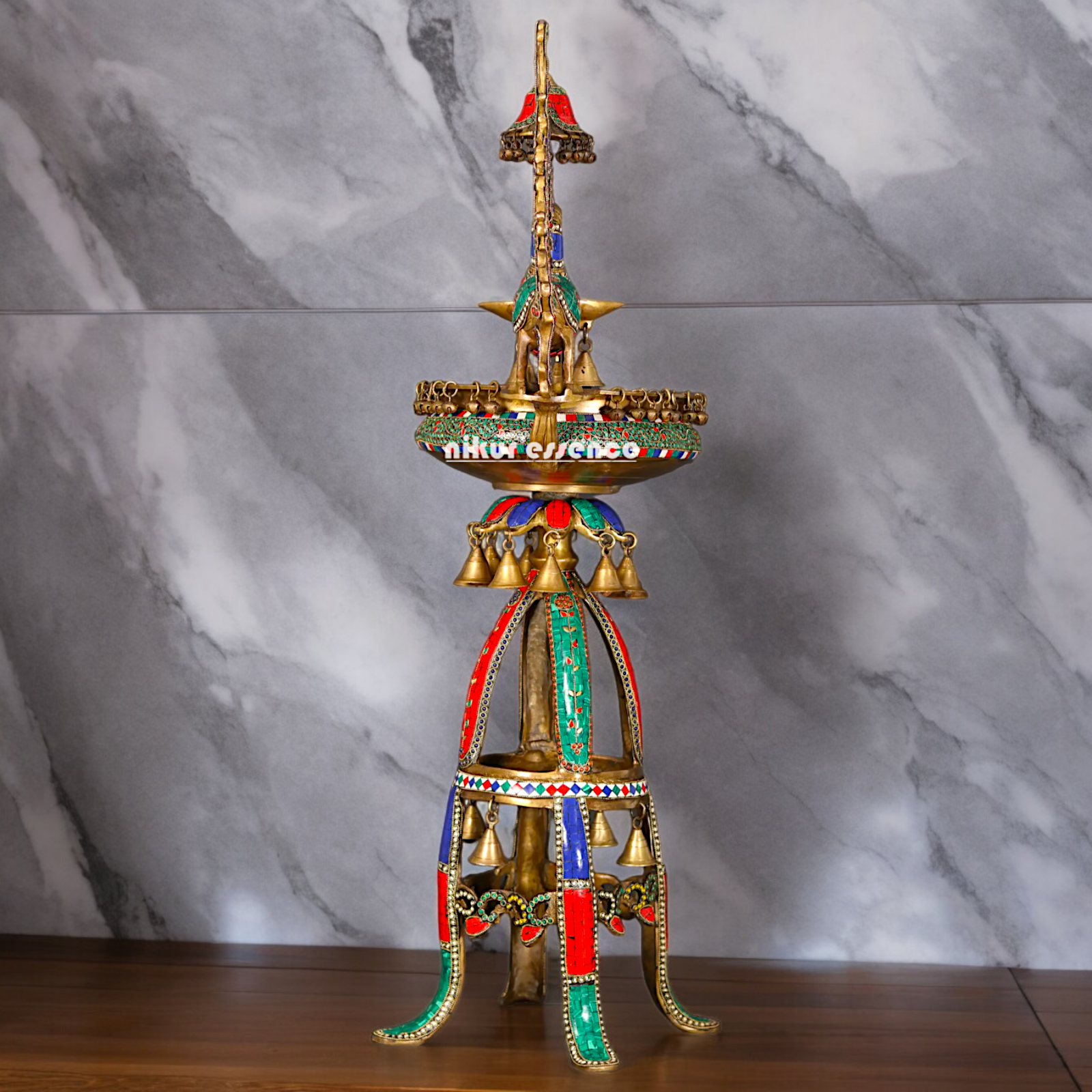 Large Peacock Urli with Diya Stone Work - 41 Inch