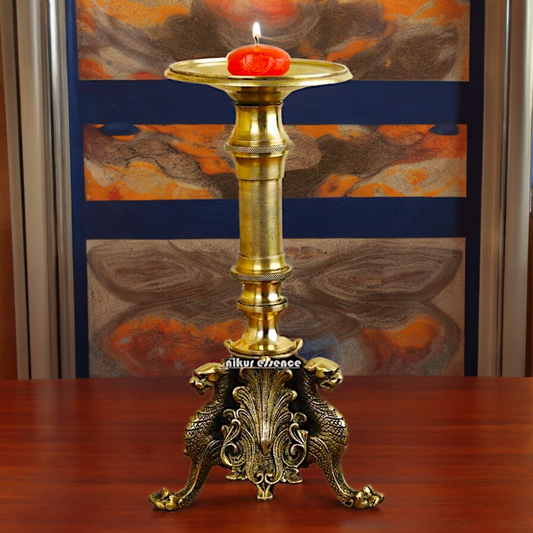 Large Solid Brass Diya Candle Stand - 12.6 inches Nikuressence Antique brass Candle stand brass aarti diya Brass Candle diya Brass Candle stand Brass Diya stand Brass Diyas Candle Diya decor items for diwali Diwali Decorations diwali decorative items online Diwali energy diwali gift ideas for customer Diwali light DiwaliLamps Spiritual Candle Stand